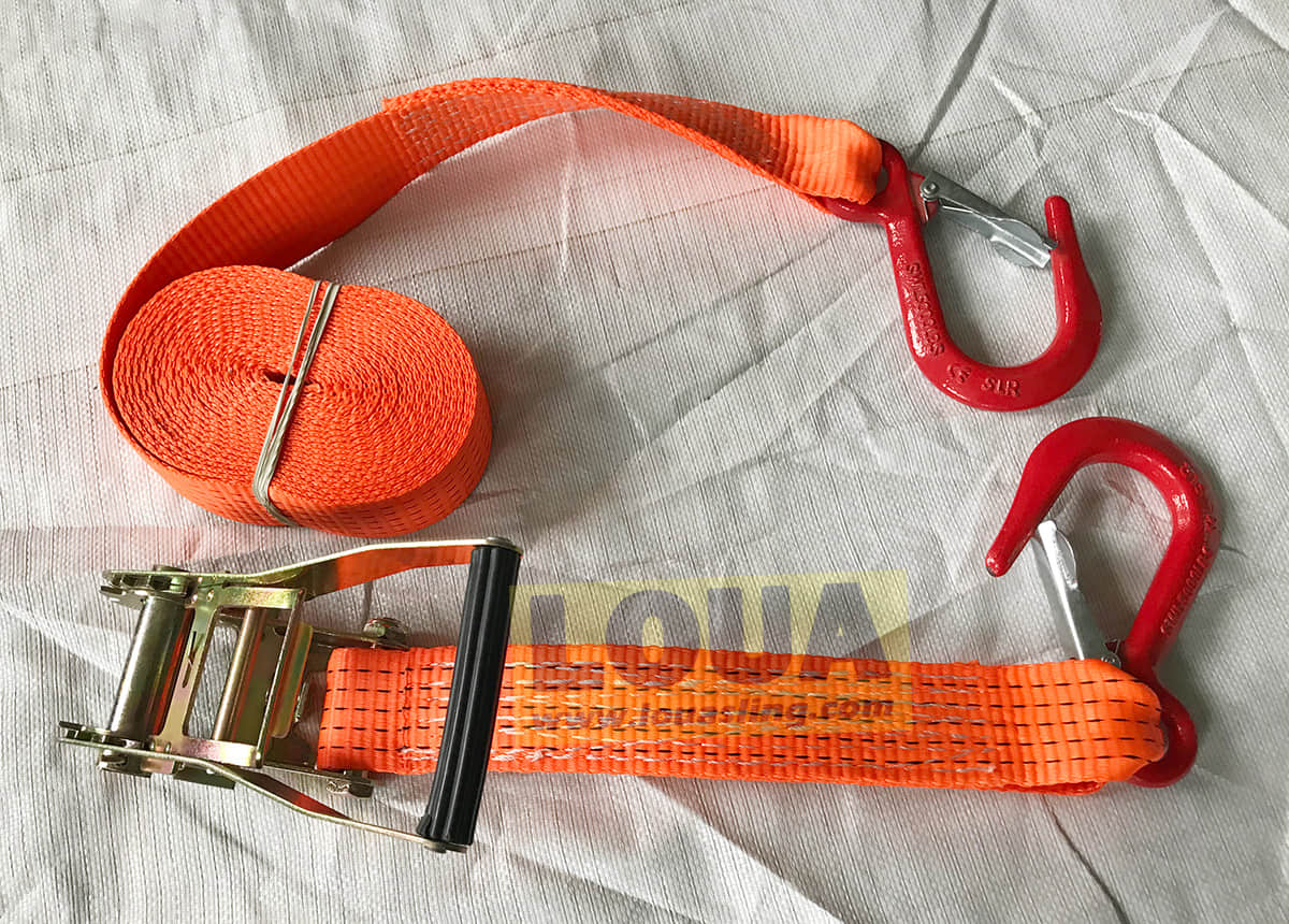 Custom-made cargo straps, two forged safety hooks, mining use lashing straps