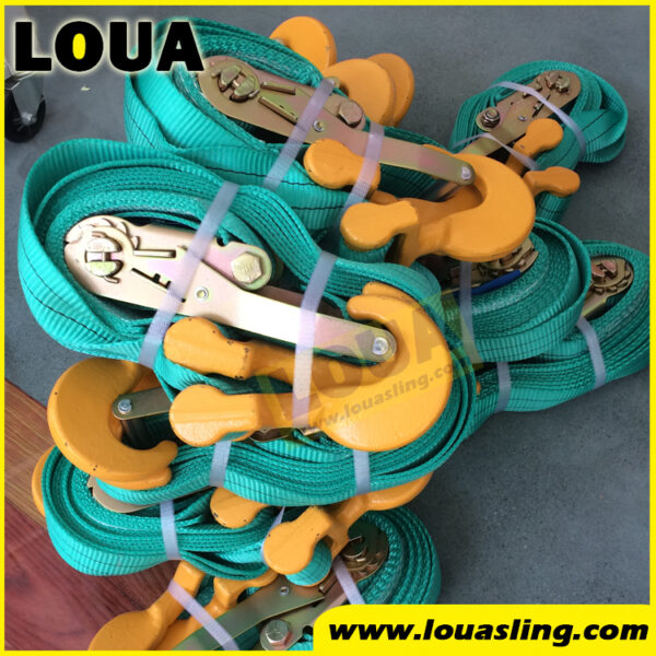 Direct manufacturer supply 5CM width BL12 ton trailer lashing Ratchet strap | Ro-Ro ship cargo secure strap with twisted forged hook