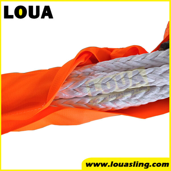 UHWMPE round sling WLL 40ton 150ton with stitched polyester wear sleeve | China heavy-duty lifting sling strap