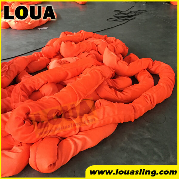 WLL 100ton polyester round sling with abrasive wear sleeve 7:1 | China heavy-duty round sling factory supplier synthetic lifting sling