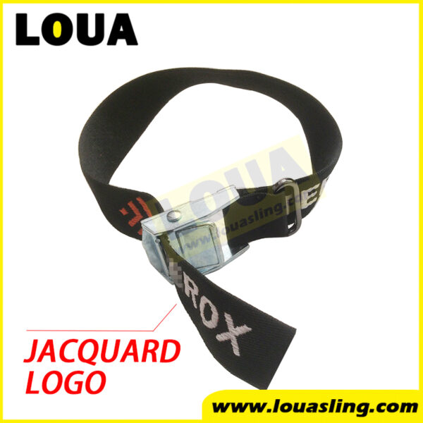 Custom jacquard logo black belt strap | Jacquard logo cam buckle strap | fast strap with metal clamps | cargo strap with logo
